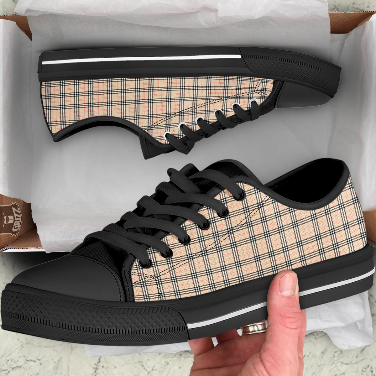 Tartan Beige Print Pattern Black Low Top Shoes-grizzshop