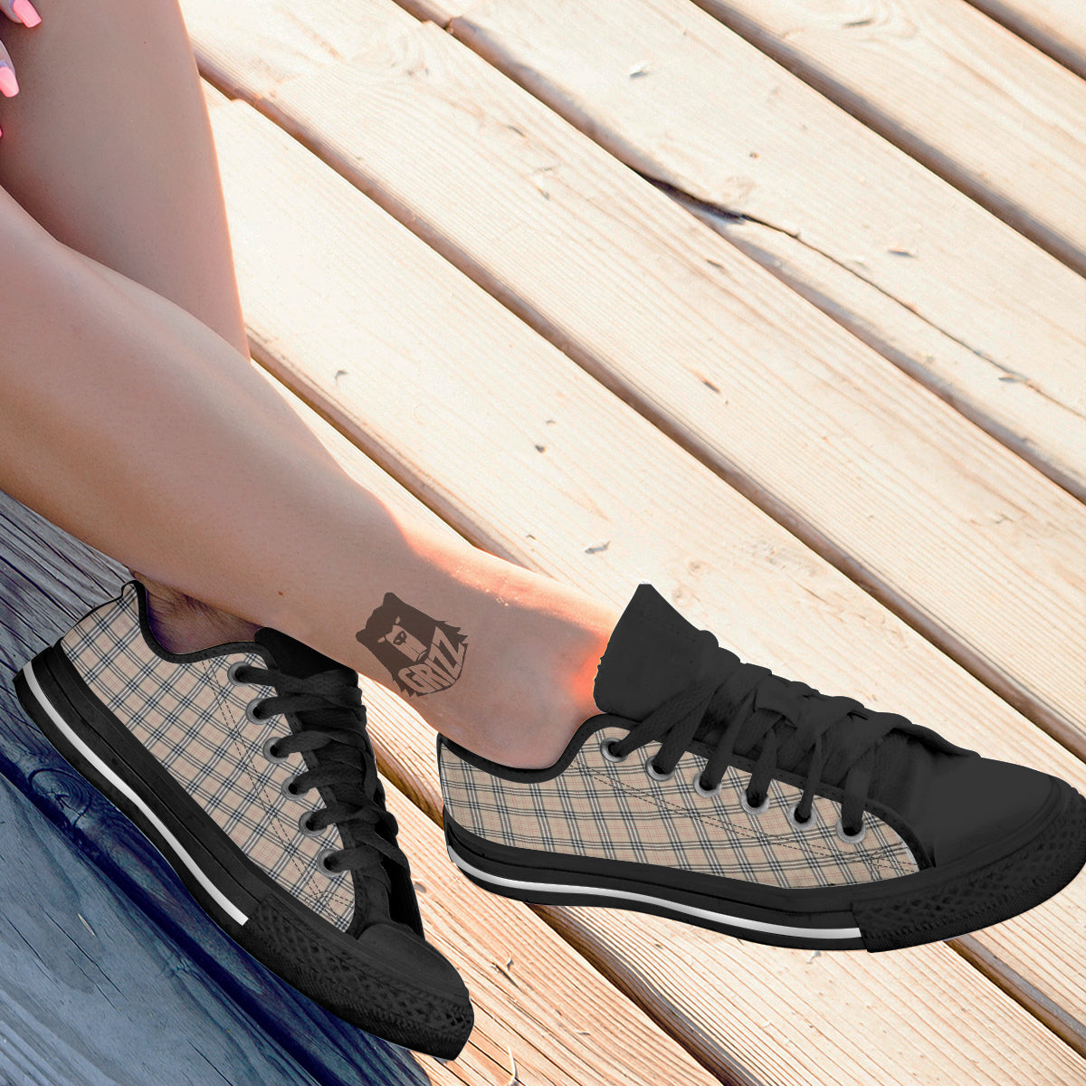 Tartan Beige Print Pattern Black Low Top Shoes-grizzshop