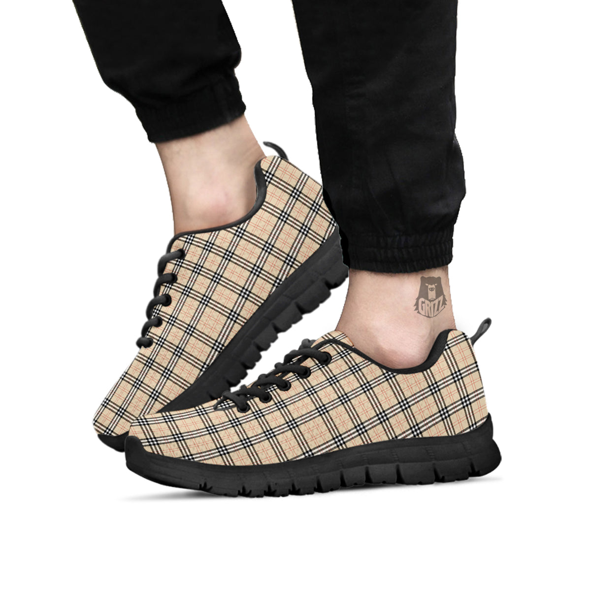 Tartan Beige Print Pattern Black Sneaker-grizzshop