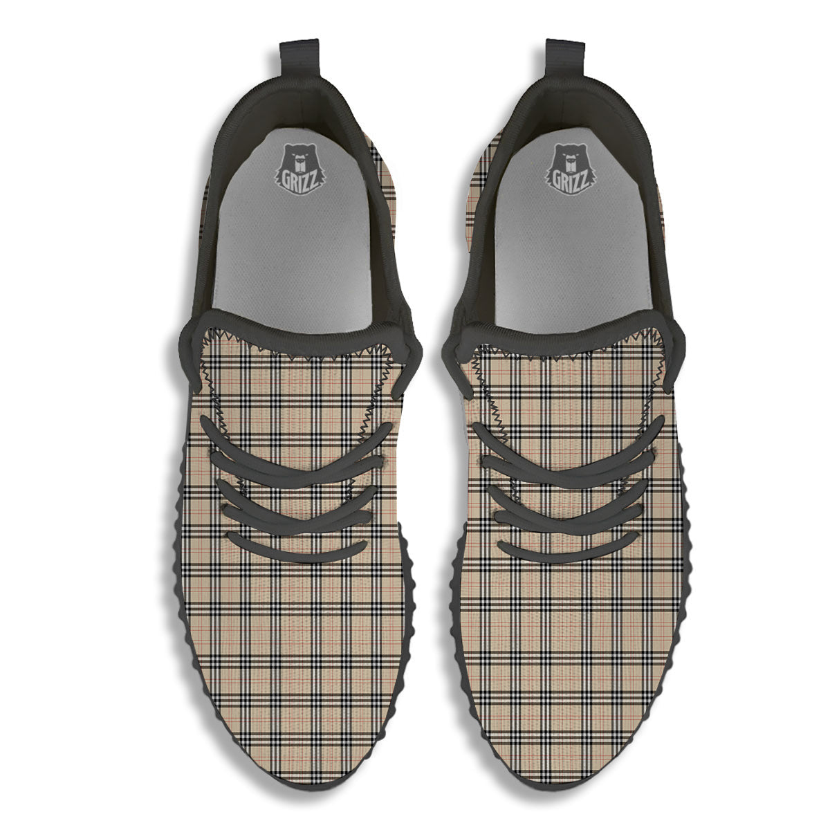 Tartan Beige Print Pattern Black Walking Shoes-grizzshop