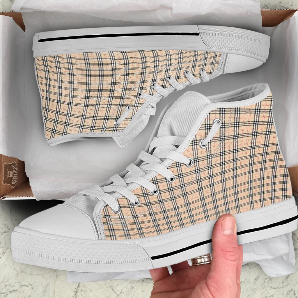 Tartan Beige Print Pattern White High Top Shoes-grizzshop