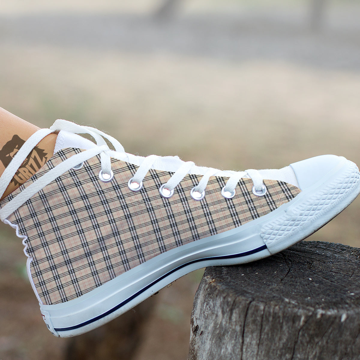 Tartan Beige Print Pattern White High Top Shoes-grizzshop