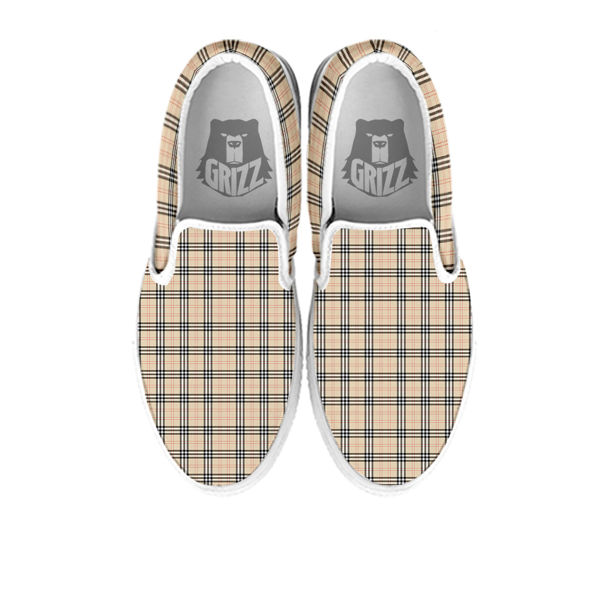 Tartan Beige Print Pattern White Slip On Shoes-grizzshop
