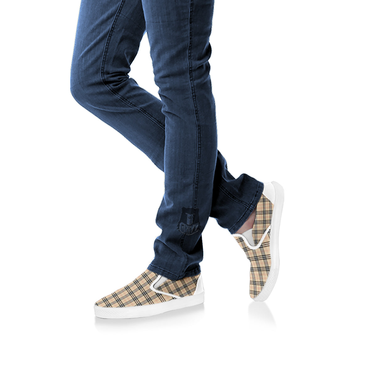 Tartan Beige Print Pattern White Slip On Shoes-grizzshop