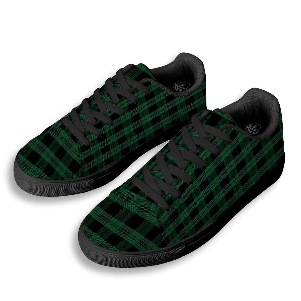 Tartan Black And Green Print Pattern Black Low Top Sneakers-grizzshop