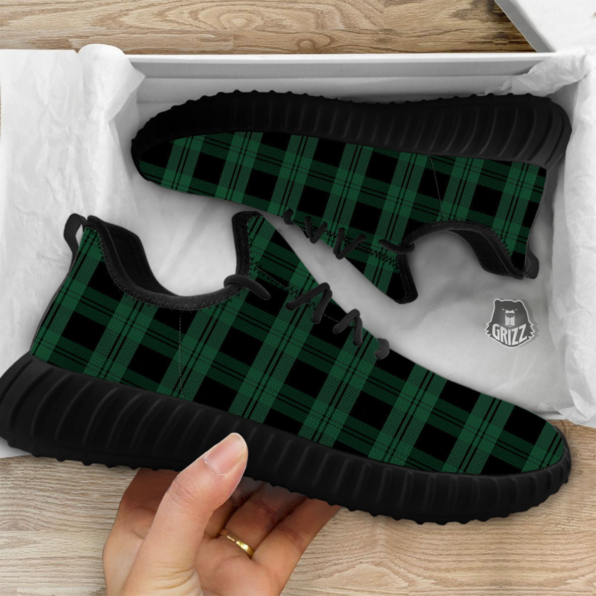 Tartan Black And Green Print Pattern Black Walking Shoes-grizzshop