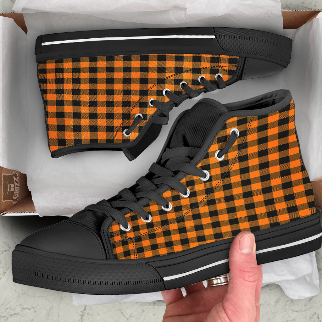 Tartan Black And Orange Print Pattern High Top Shoes-grizzshop
