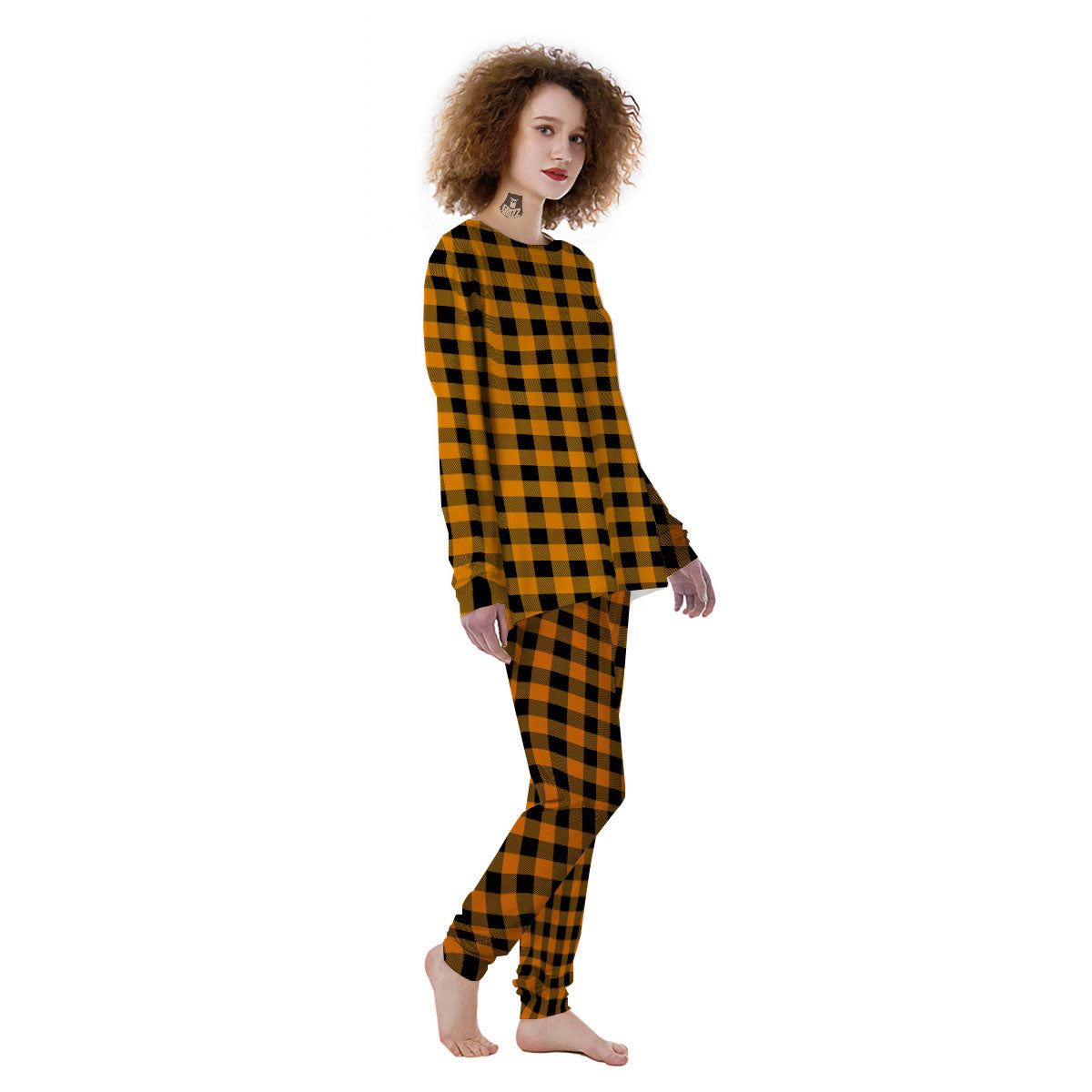 Tartan Black And Orange Print Pattern Women's Pajamas-grizzshop