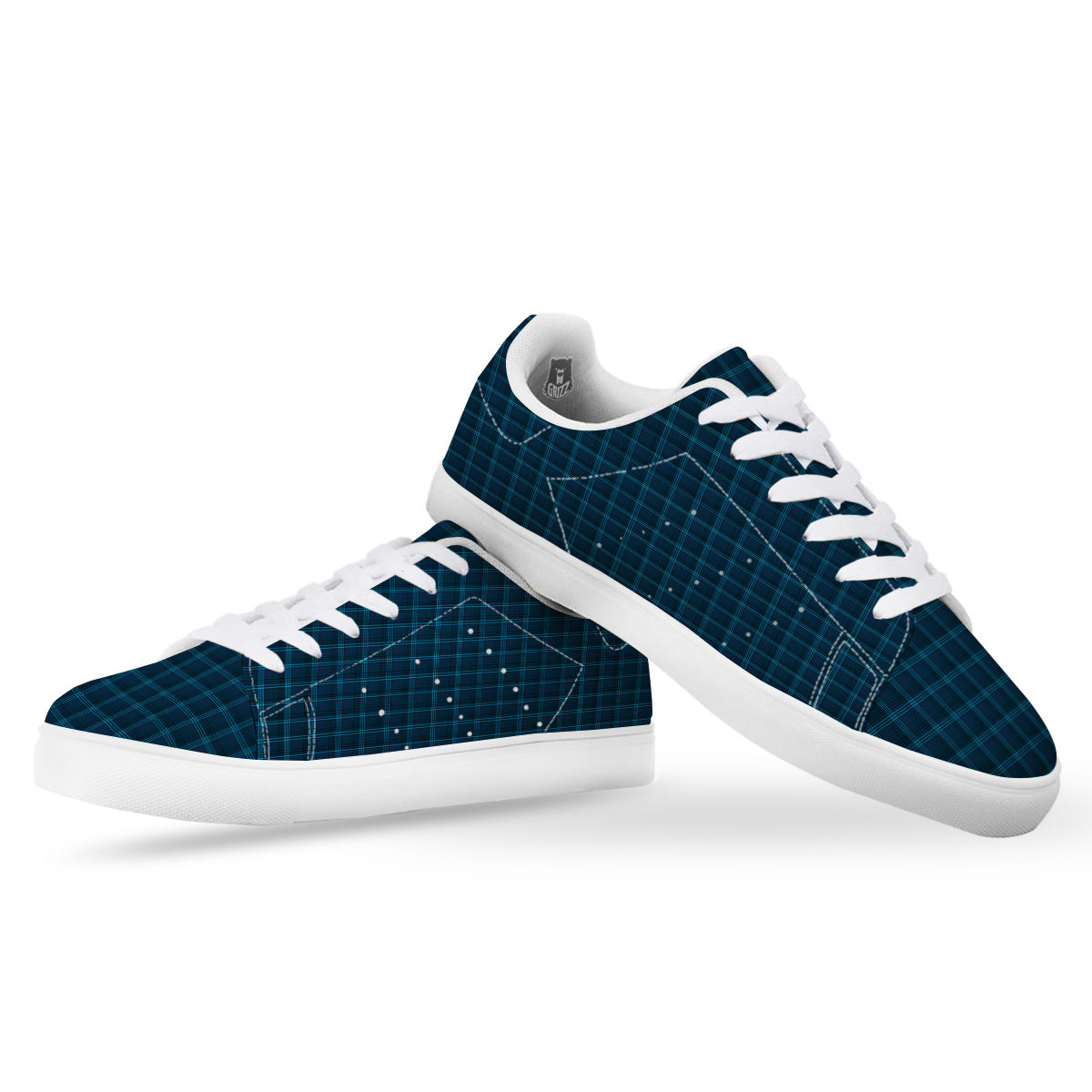 Tartan Blue And Black Print Pattern White Low Top Sneakers-grizzshop
