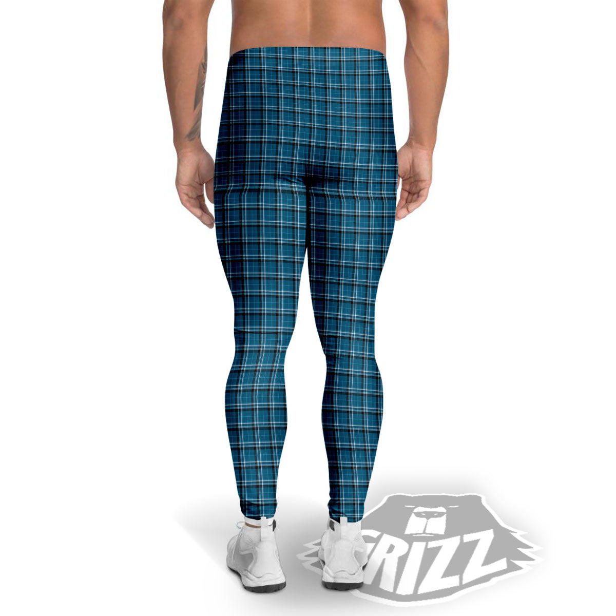 Tartan Blue And White Line Print Pattern Men's Leggings-grizzshop