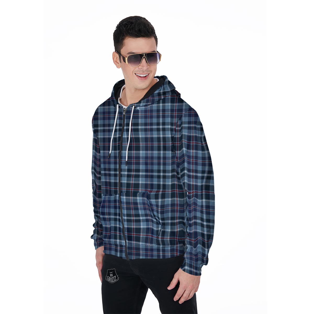 Tartan Blue Plaid Men's Zip Up Hoodie-grizzshop