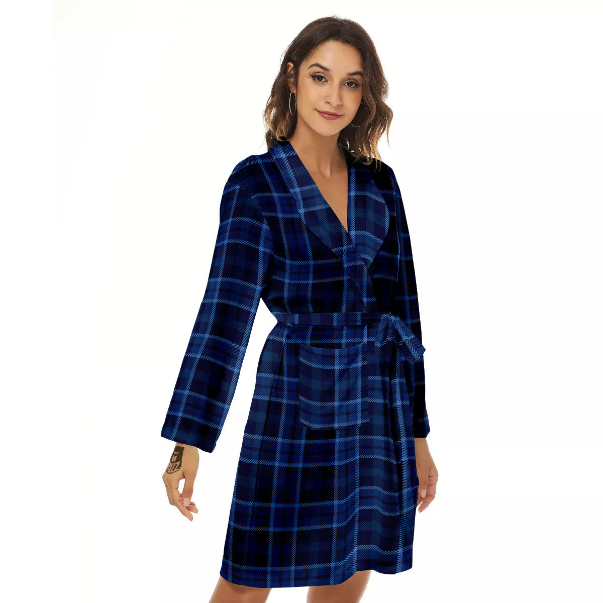 Tartan Blue Print Pattern Women's Robe-grizzshop