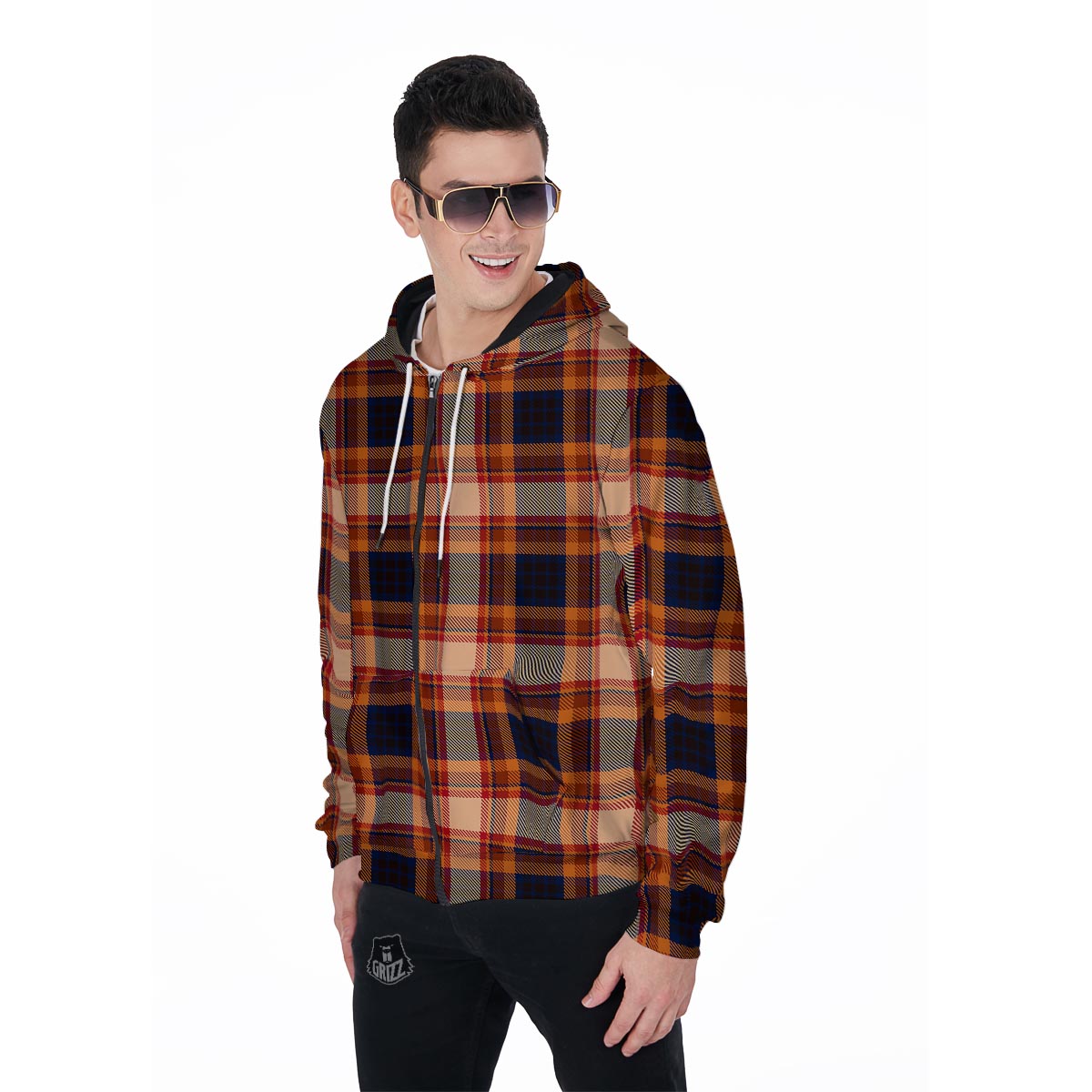 Tartan Brown Plaid Men's Zip Up Hoodie-grizzshop
