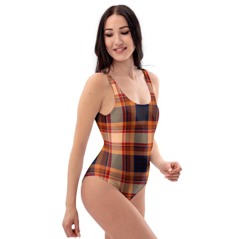 Tartan Brown Plaid One Piece Swimsuite-grizzshop