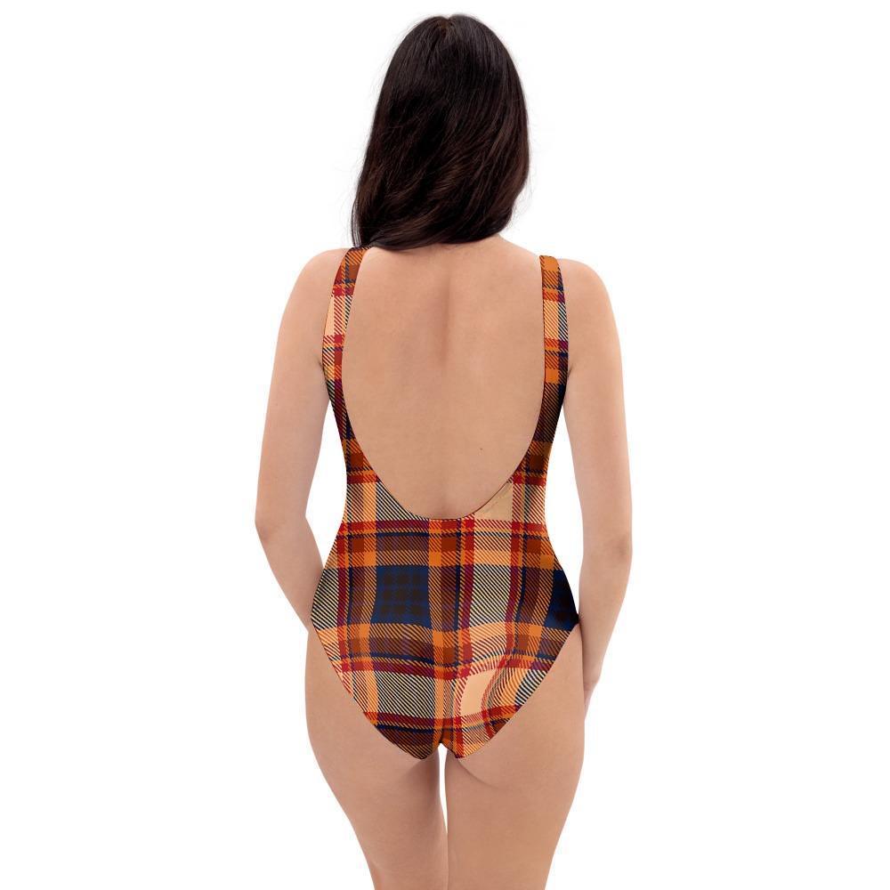 Tartan Brown Plaid One Piece Swimsuite-grizzshop
