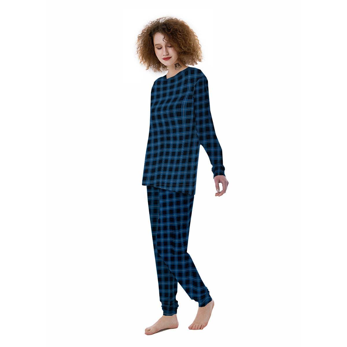 Tartan Dark Blue Print Pattern Women's Pajamas-grizzshop