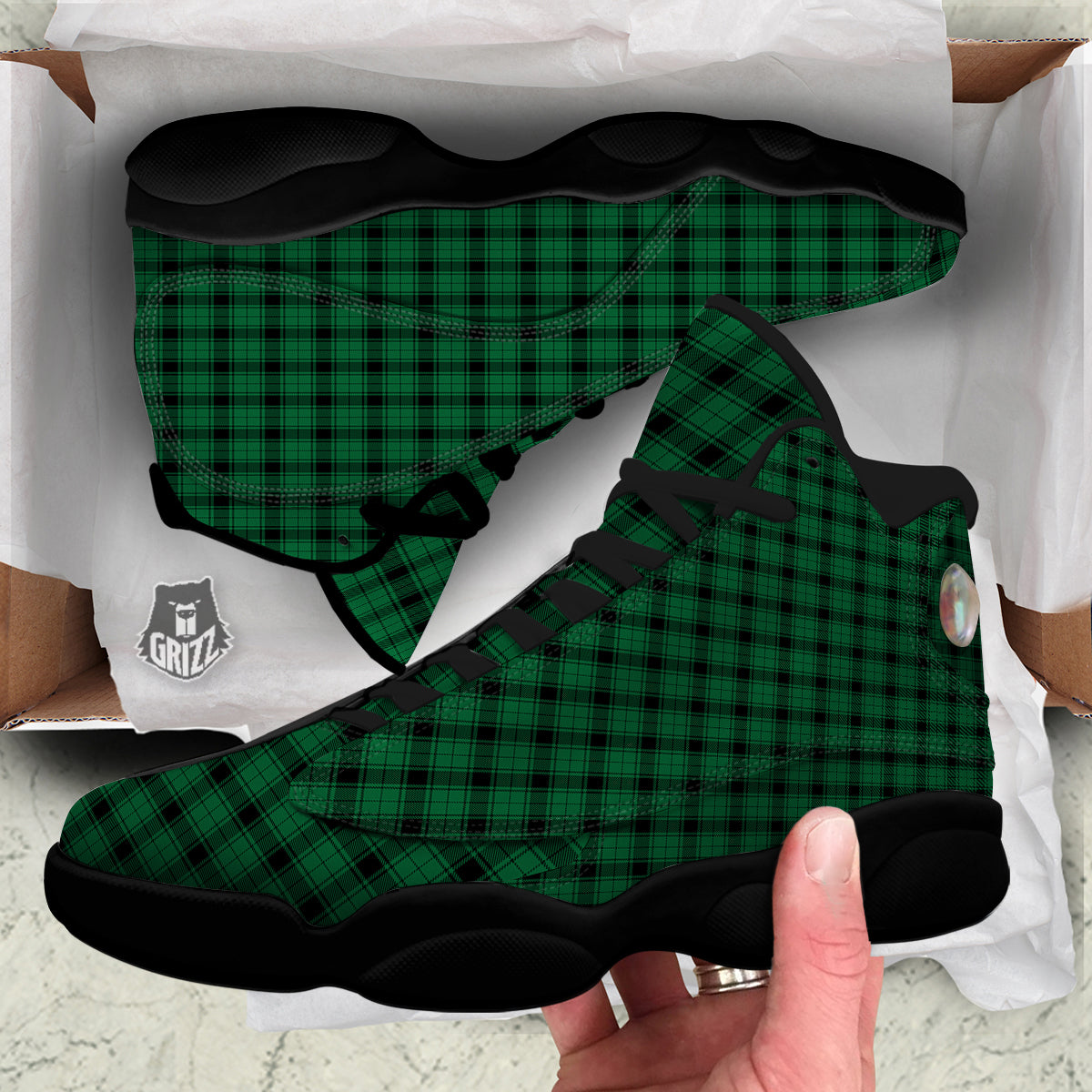 Tartan Green And Black Print Pattern Black Basketball Shoes-grizzshop