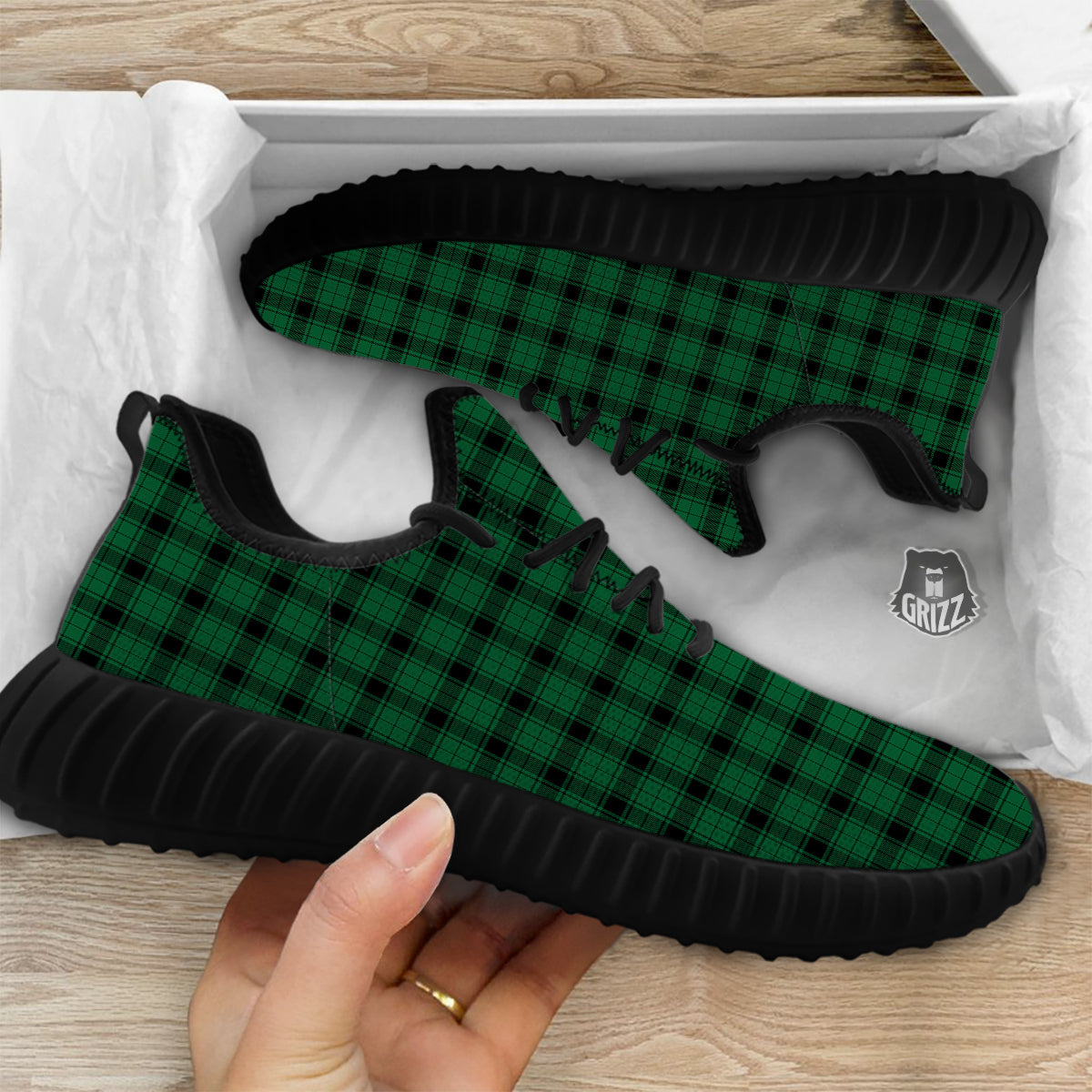 Tartan Green And Black Print Pattern Black Walking Shoes-grizzshop