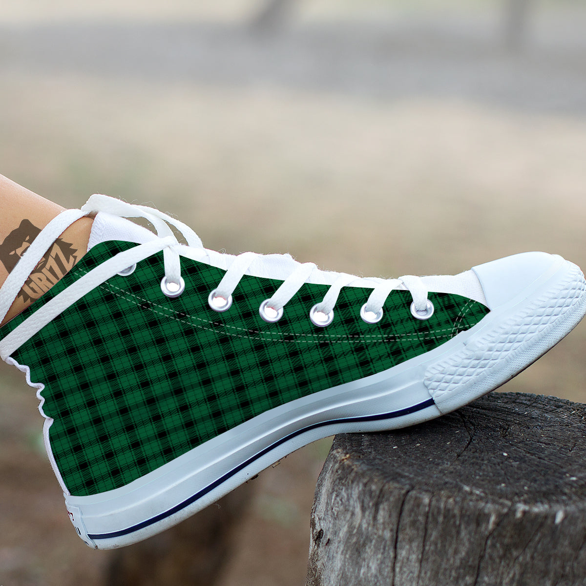 Tartan Green And Black Print Pattern White High Top Shoes-grizzshop