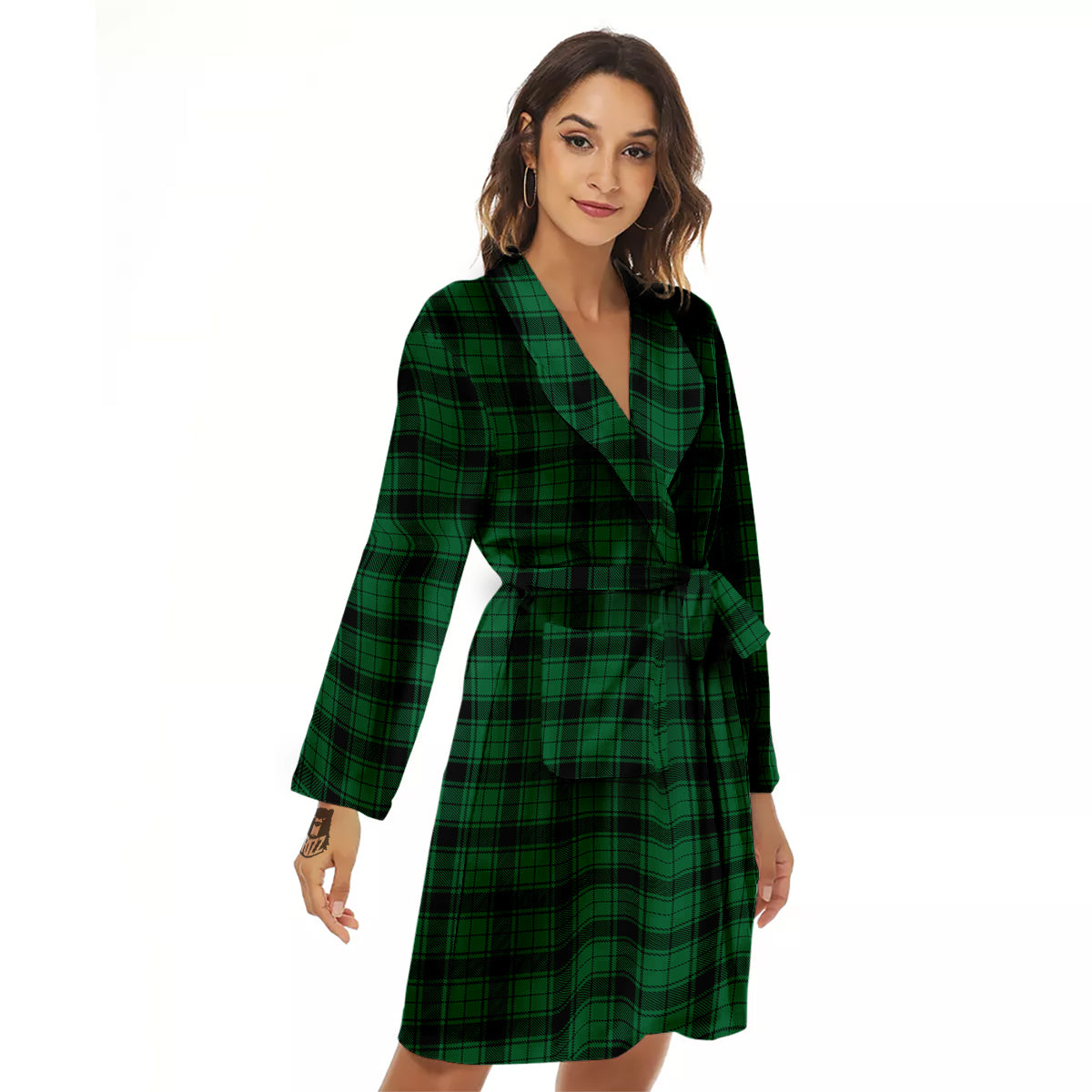 Tartan Green And Black Print Pattern Women's Robe-grizzshop