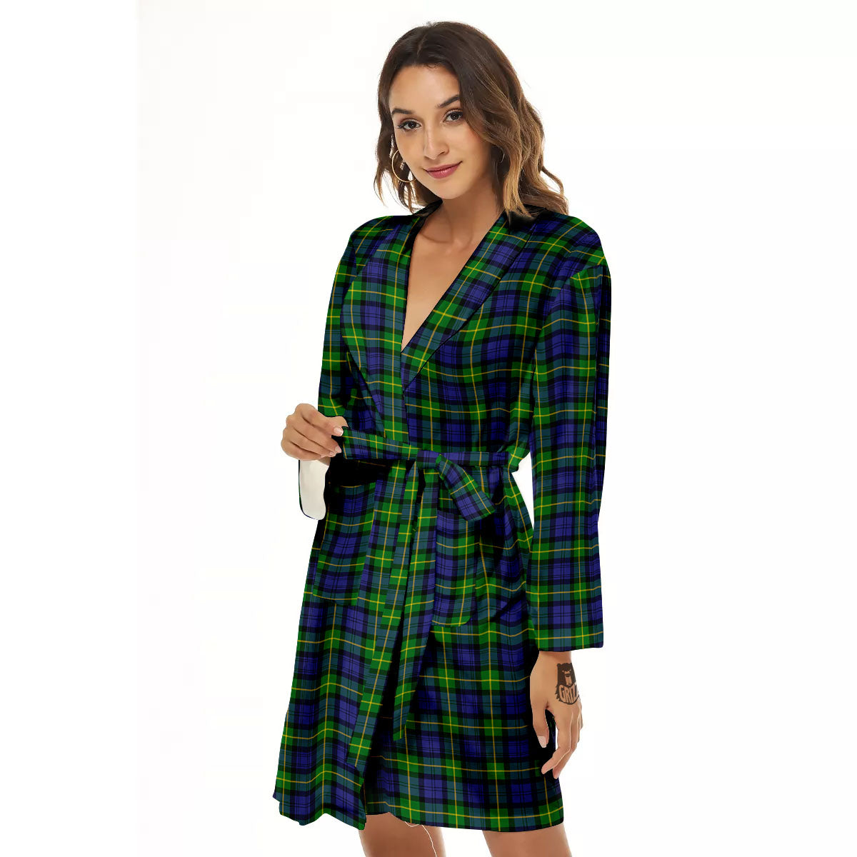 Tartan Green And Blue Print Pattern Women's Robe-grizzshop