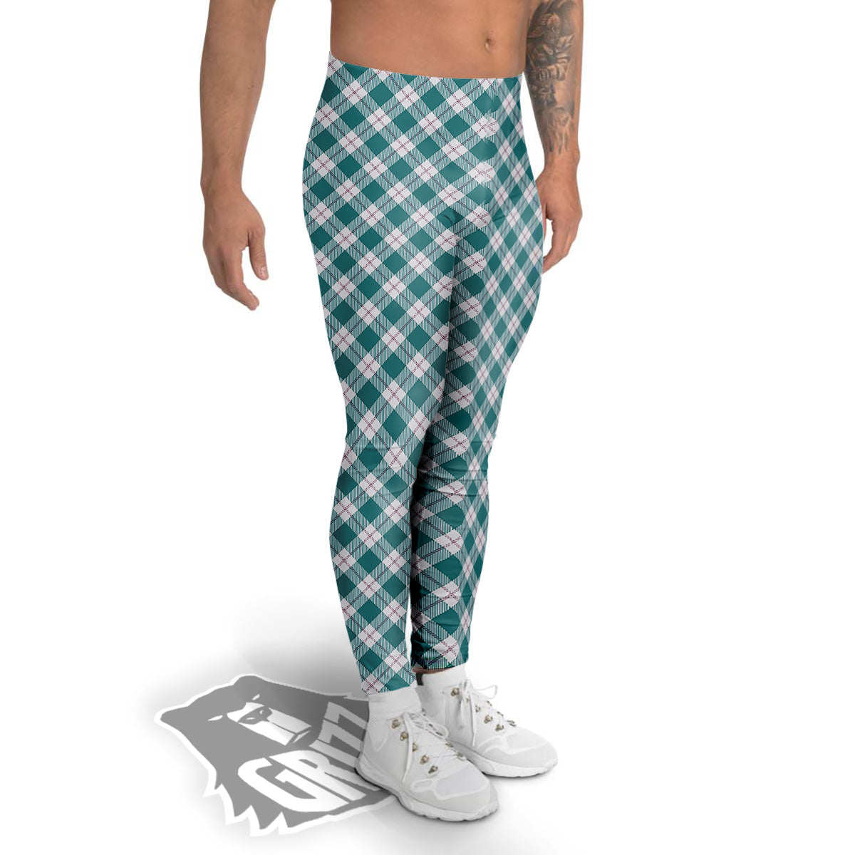Tartan Green Red And White Print Men's Leggings-grizzshop