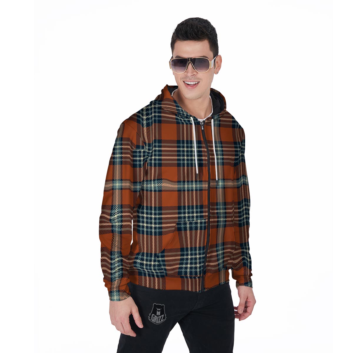 Tartan Orange Plaid Men's Zip Up Hoodie-grizzshop