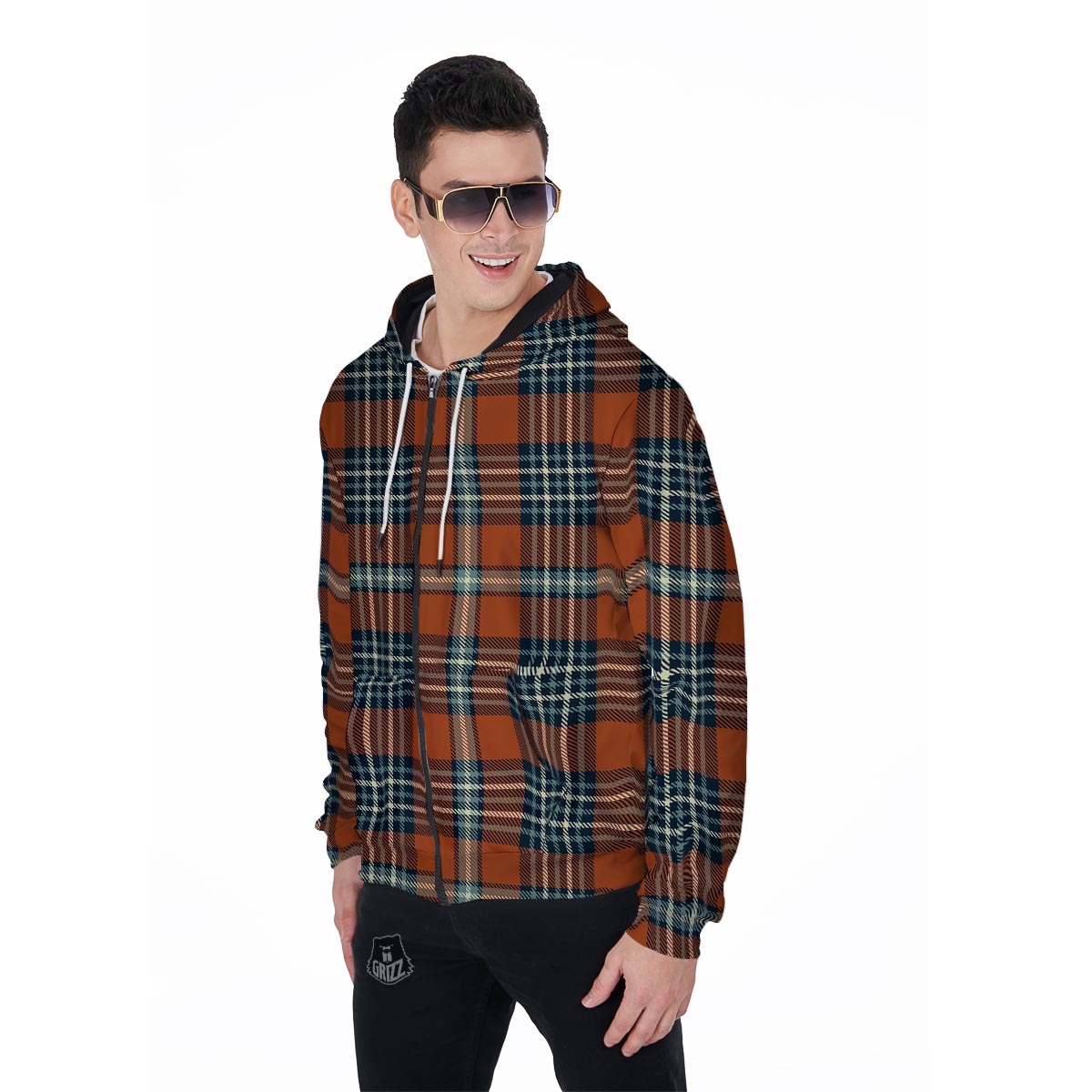 Tartan Orange Plaid Men's Zip Up Hoodie-grizzshop
