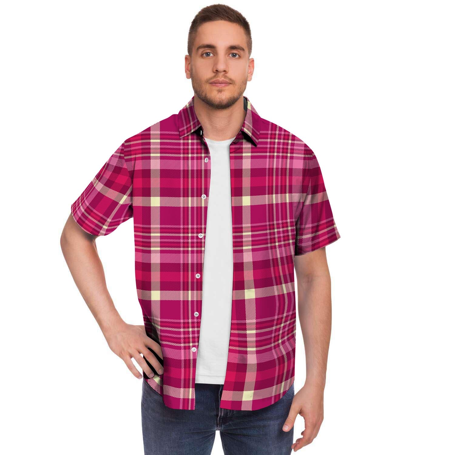 Tartan Pink Plaid Men's Short Sleeve Shirt-grizzshop