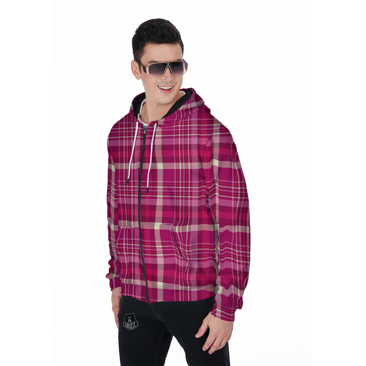 Tartan Pink Plaid Men's Zip Up Hoodie-grizzshop