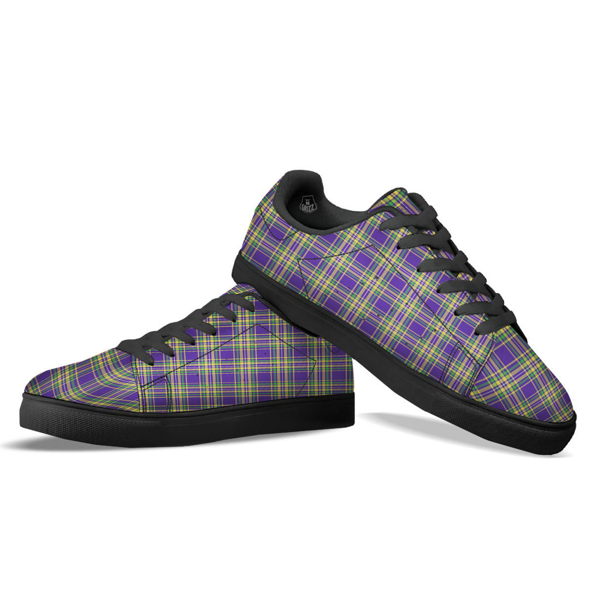 Tartan Plaid Mardi Gras Print Pattern Black Low Top Sneakers-grizzshop