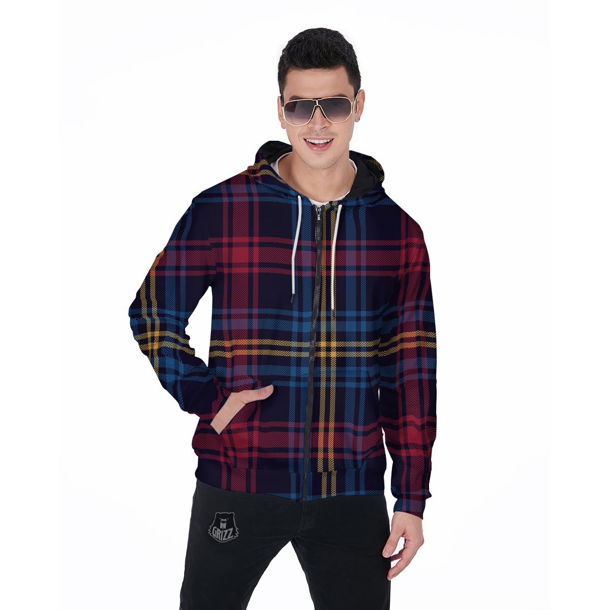 Tartan Print Men's Zip Up Hoodie-grizzshop