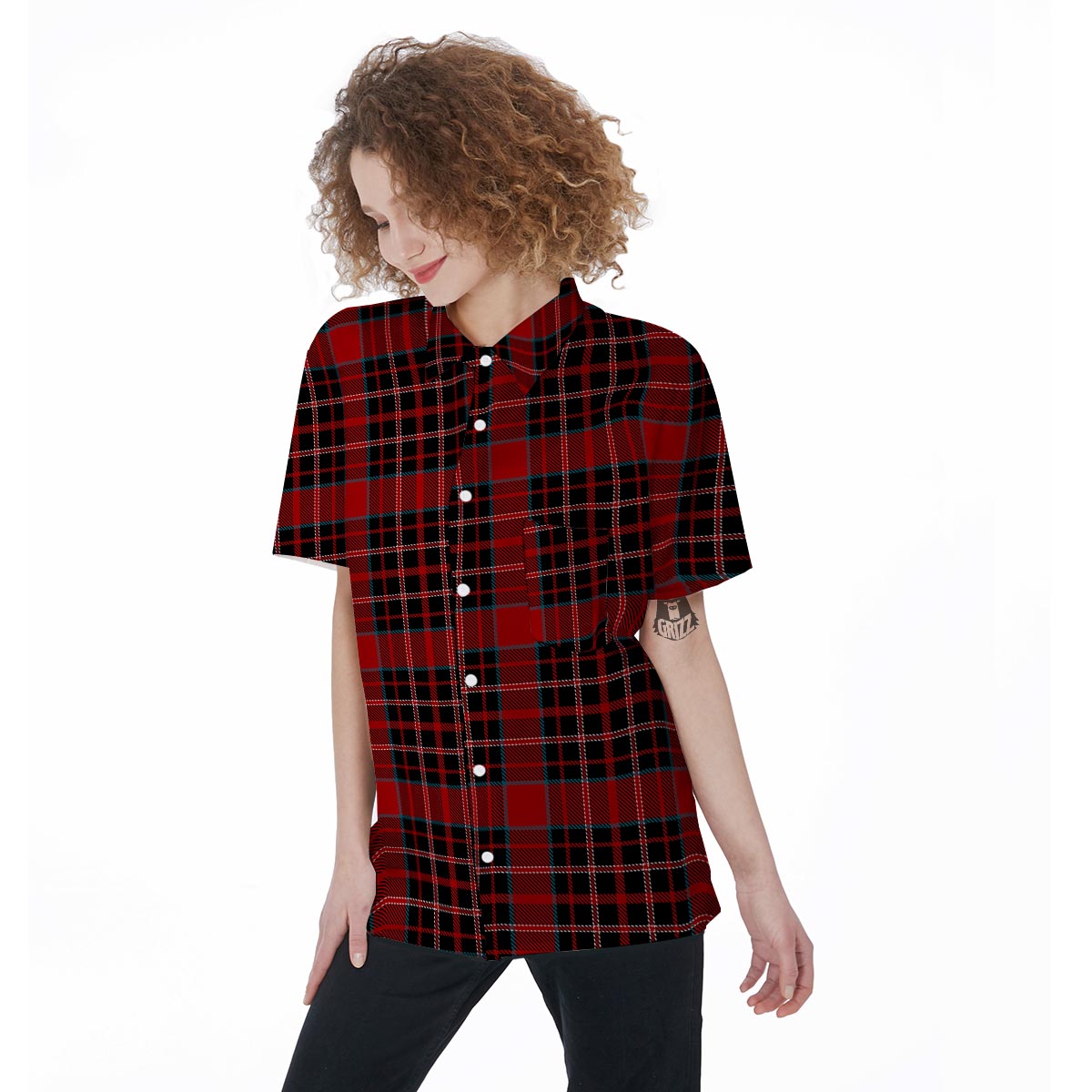 Tartan Red Plaid Women's Short Sleeve Shirts-grizzshop