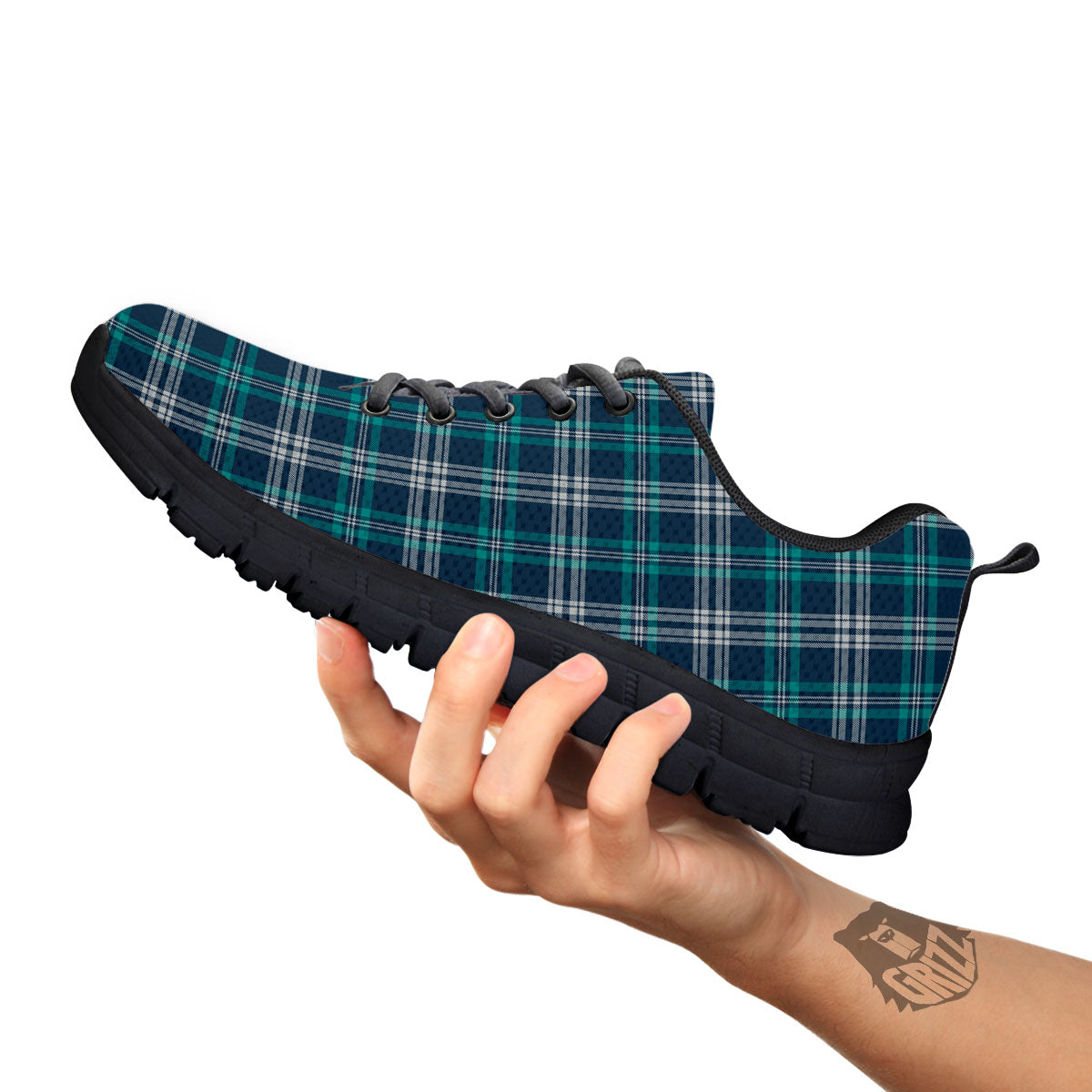 Tartan Teal And Blue Print Pattern Black Sneaker-grizzshop