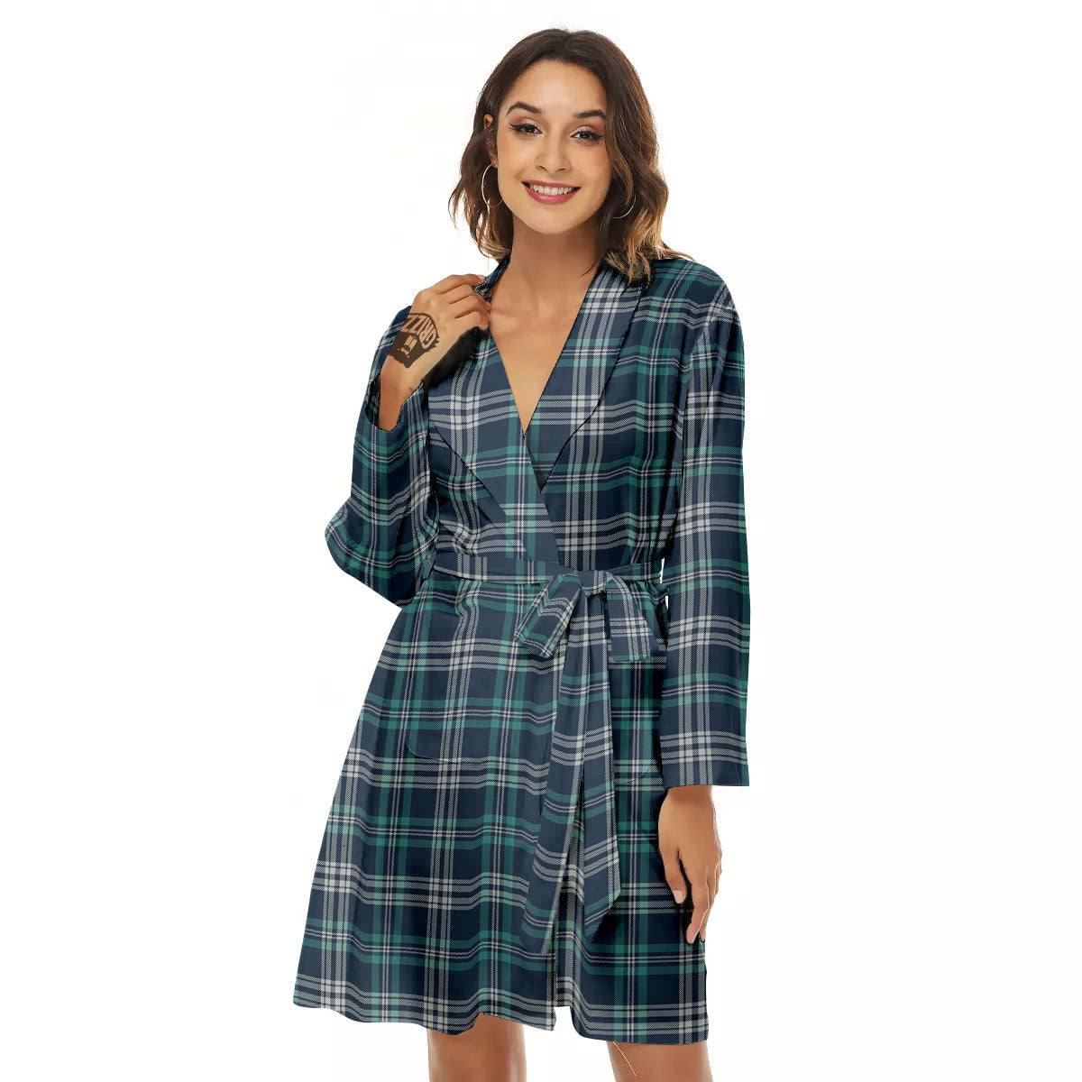 Tartan Teal And Blue Print Pattern Women's Robe-grizzshop
