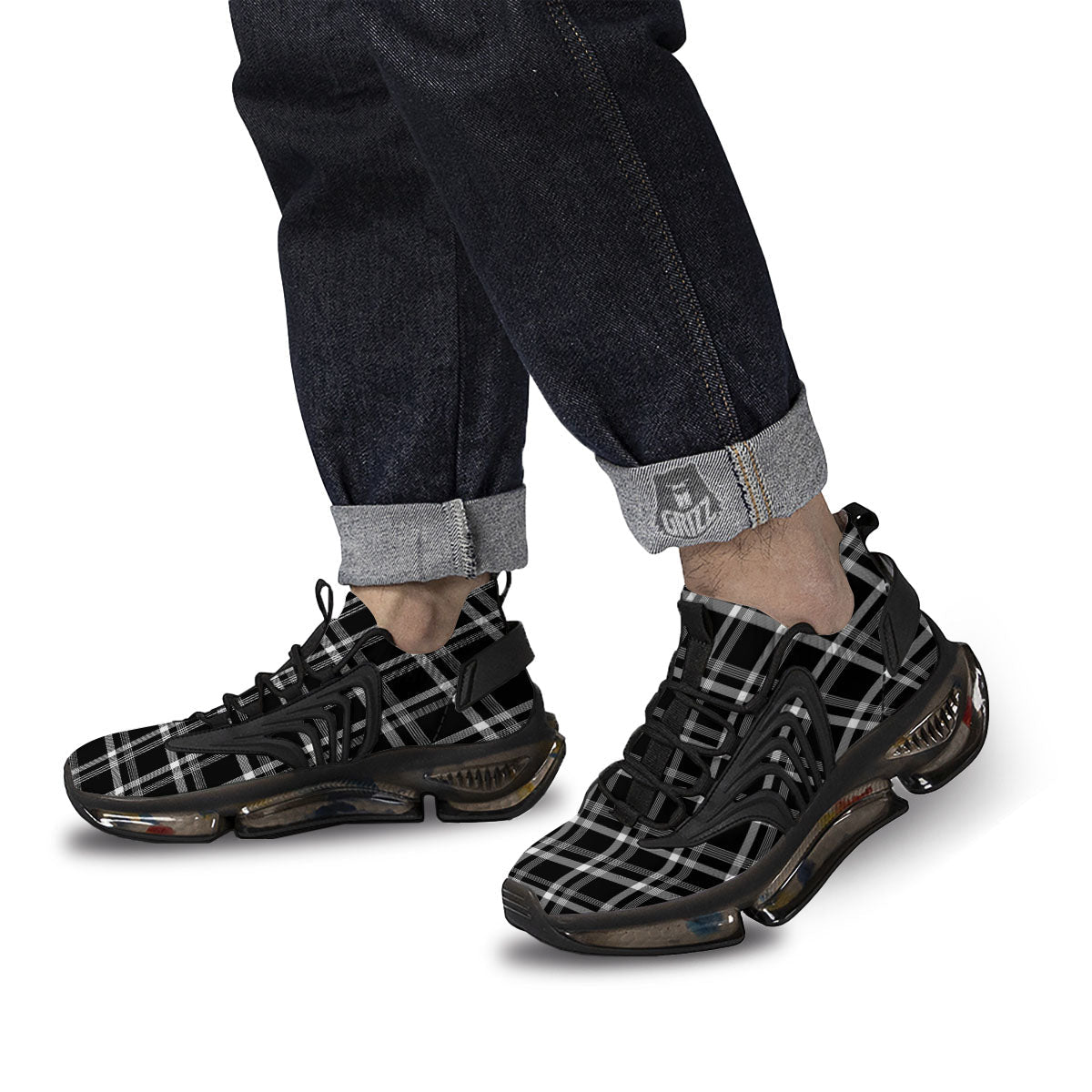 Tartan White And Black Print Pattern Black Gym Shoes-grizzshop