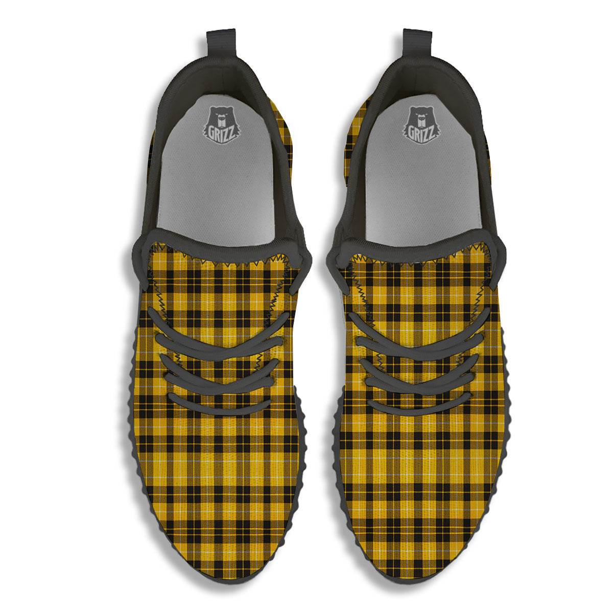 Tartan Yellow And Black Print Pattern Black Walking Shoes-grizzshop