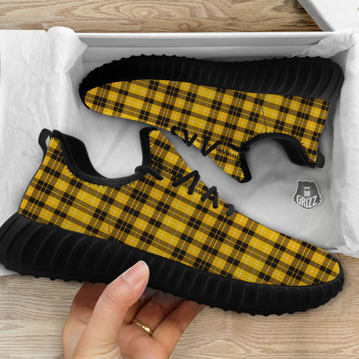 Tartan Yellow And Black Print Pattern Black Walking Shoes-grizzshop