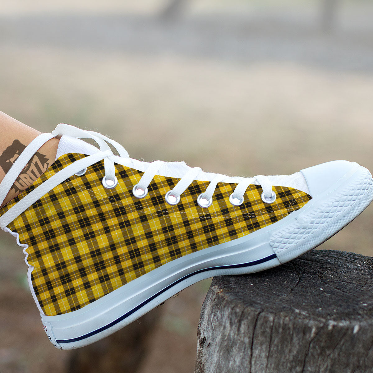 Tartan Yellow And Black Print Pattern White High Top Shoes-grizzshop