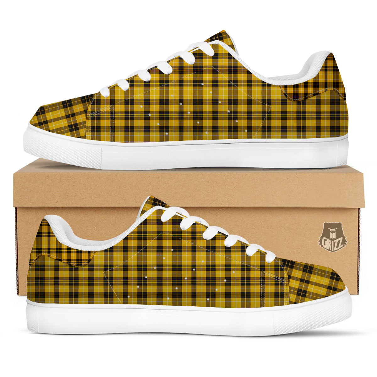 Tartan Yellow And Black Print Pattern White Low Top Sneakers-grizzshop