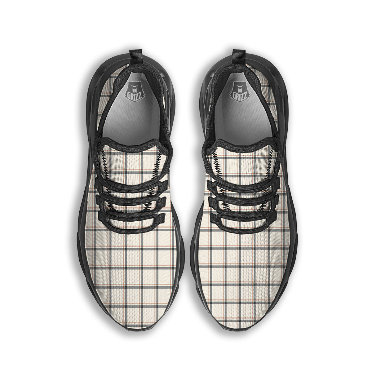 Tattersall Beige Print Pattern Black Running Shoes-grizzshop