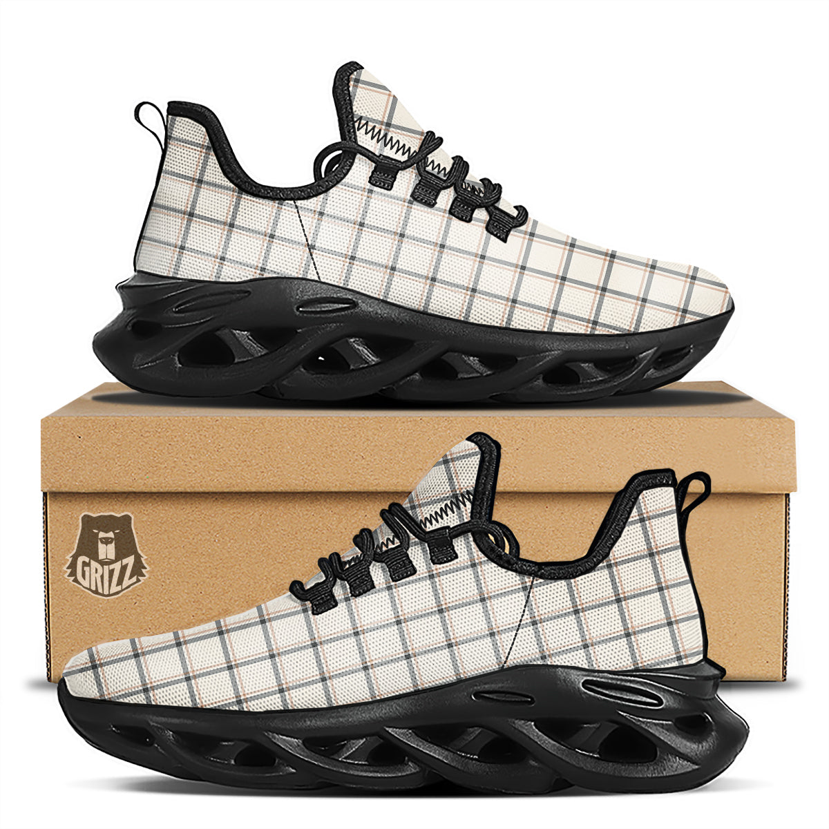 Tattersall Beige Print Pattern Black Running Shoes-grizzshop