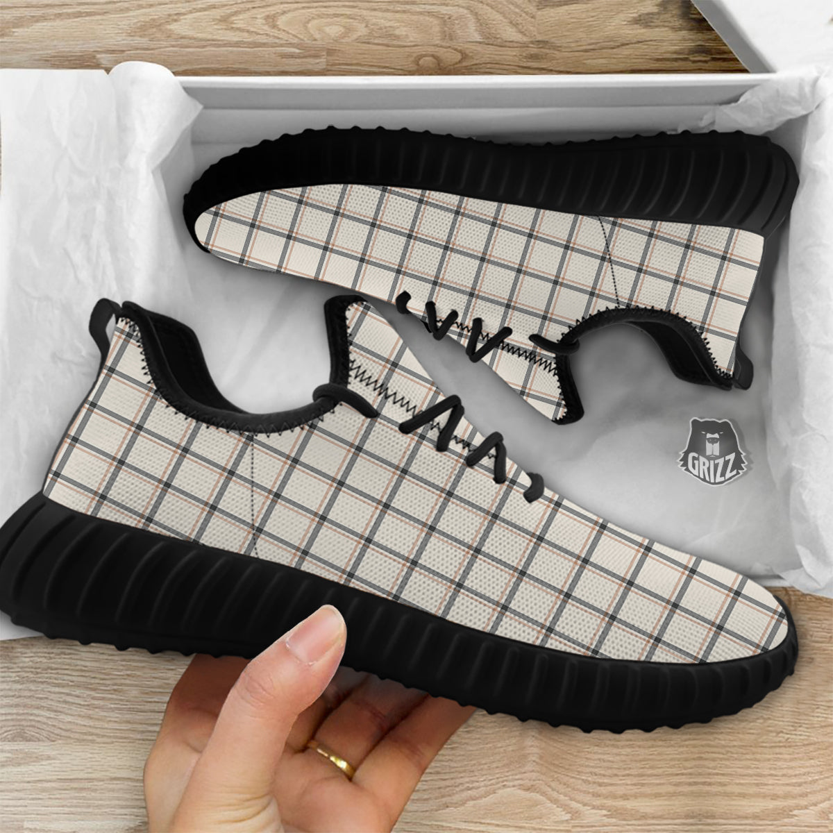 Tattersall Beige Print Pattern Black Walking Shoes-grizzshop