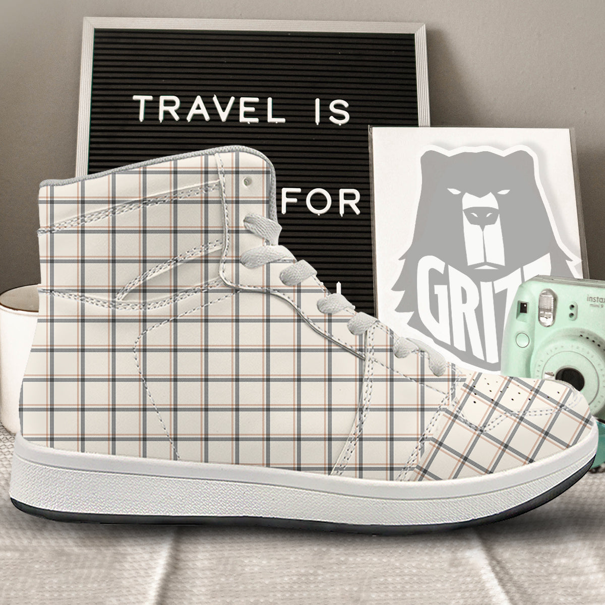 Tattersall Beige Print Pattern High Top Sneakers-grizzshop