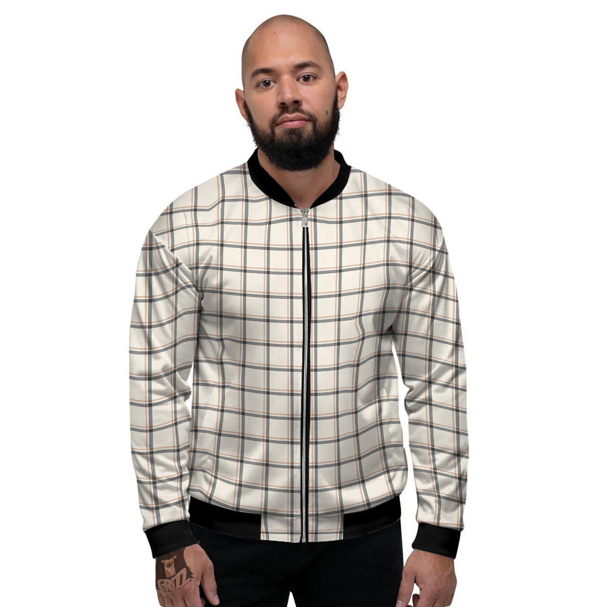 Tattersall Beige Print Pattern Men's Bomber Jacket-grizzshop