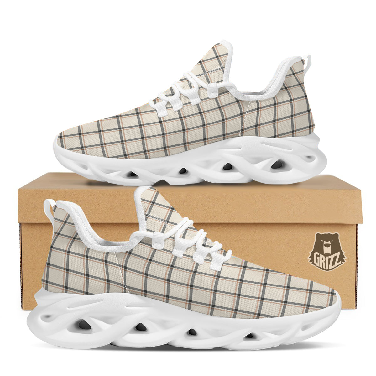 Tattersall Beige Print Pattern White Running Shoes-grizzshop