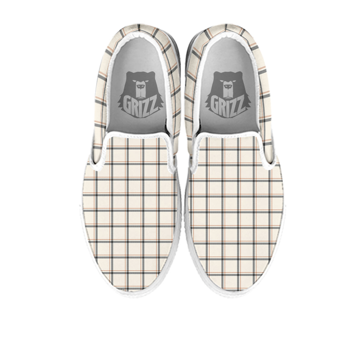 Tattersall Beige Print Pattern White Slip On Shoes-grizzshop
