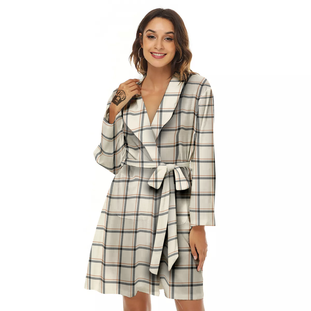 Tattersall Beige Print Pattern Women's Robe-grizzshop