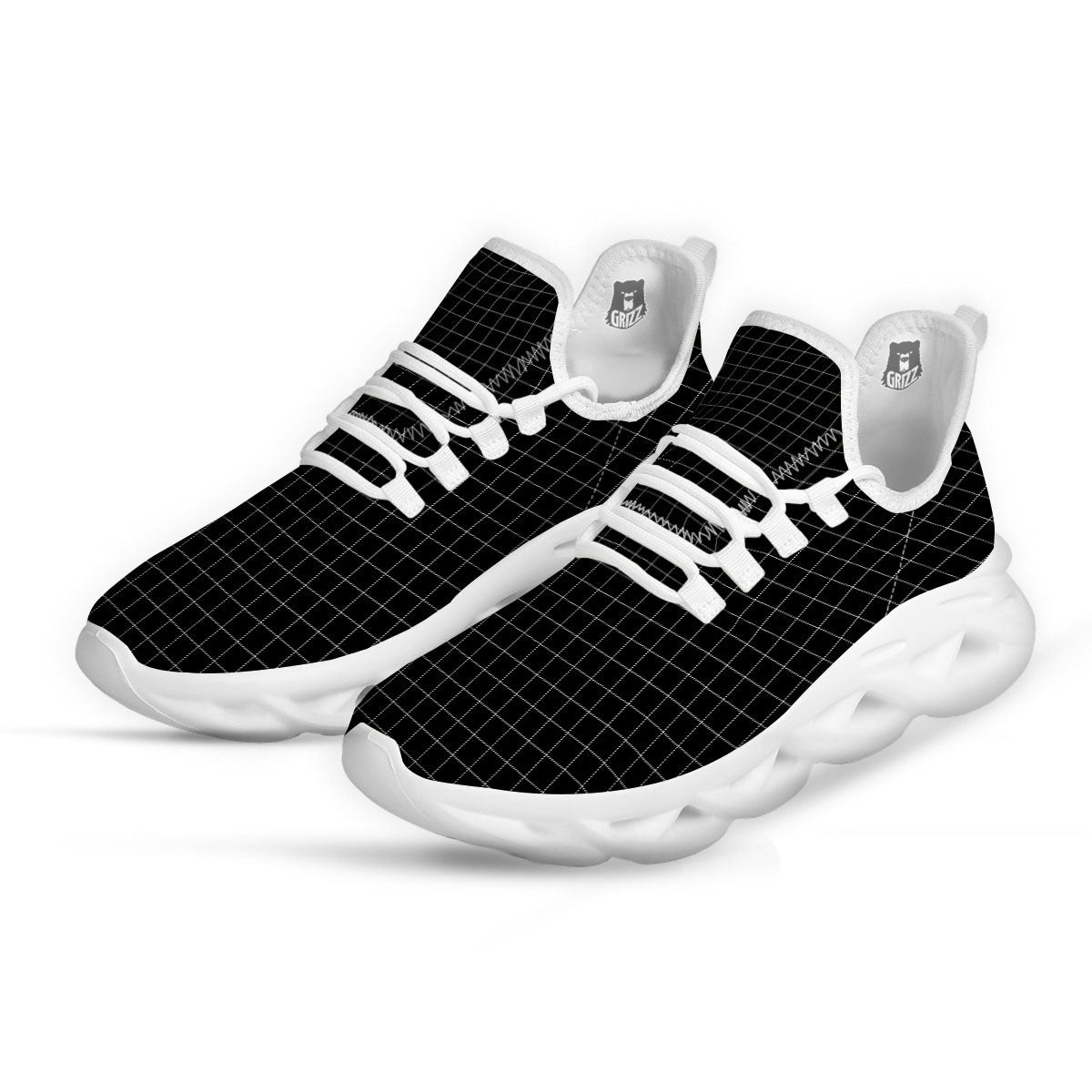 Tattersall Black Print Pattern White Running Shoes-grizzshop