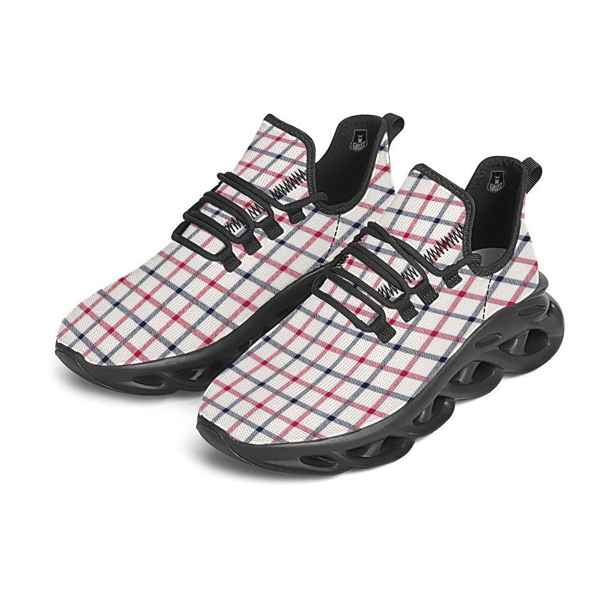 Tattersall Blue And Red Print Pattern Black Running Shoes-grizzshop